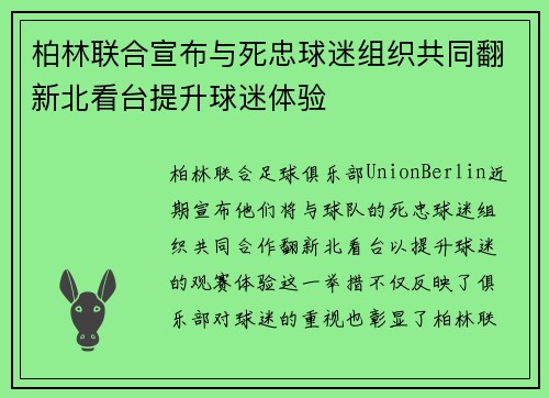 柏林联合宣布与死忠球迷组织共同翻新北看台提升球迷体验 柏林联合宣布与死忠球迷组织共同翻新北看台提升球迷体验